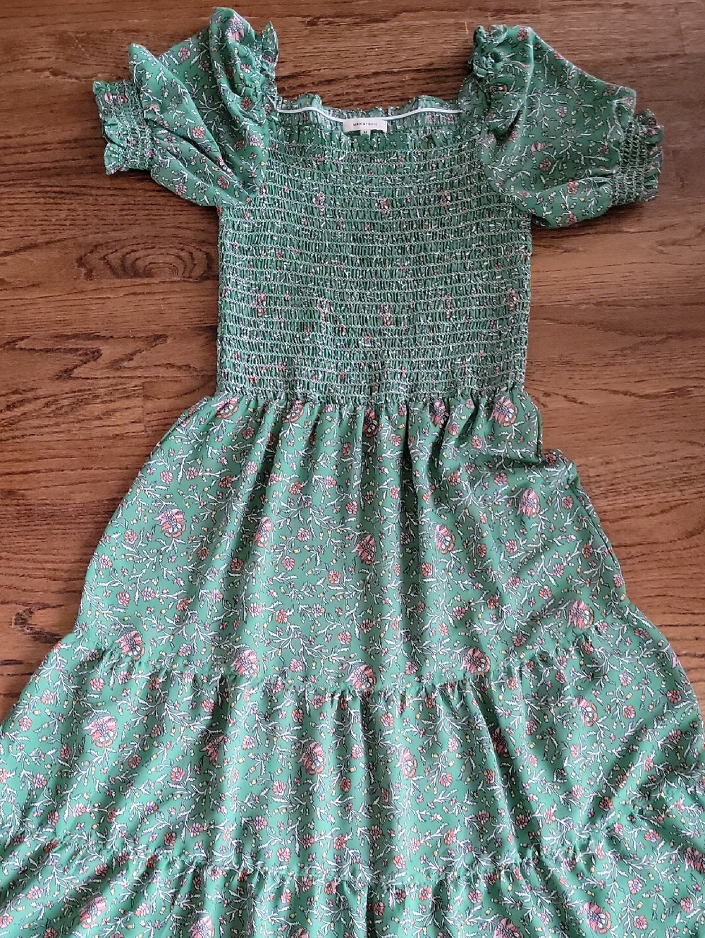 Max Studio Green Floral Smocked Puff-Sleeve Maxi Dress, Size M